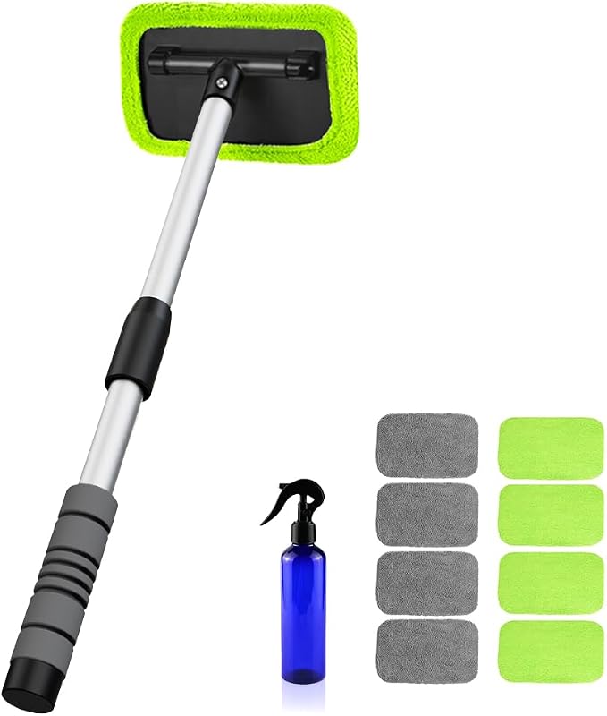 XINDELL Interior Windshield Cleaner Tool – Car Window Cleaning Tool 22inch Extendable Long Handle for Easy Cleaning, 9pcs Reusable Microfiber Pads, Streak-Free Interior & Exterior Auto Glass Cleaner