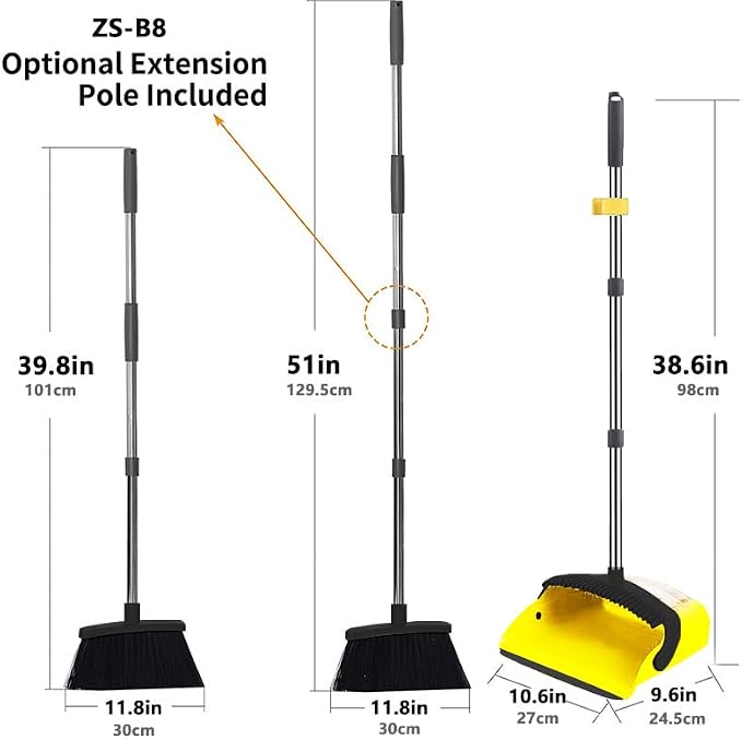 2-Pack is More economical，Brooms with Dustpan Combo Set，with 52" Long Handle, Dustpan Teeth with self-Cleaning Function, Indoor and Outdoor Sweeping, Perfect for Home Office (Large/Yellow /2-Pack)