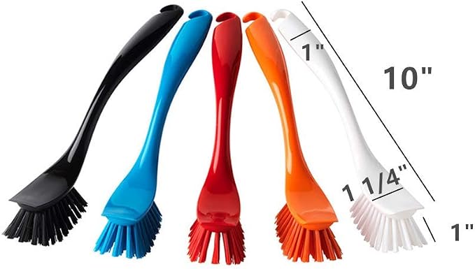 Dishwashing Brush with Hangable Long Handle, Built-in Scraper, Scrub Brush for Dish, Pans, Pots, Kitchen Sink Cleaning - 10 Inch, 4 Pack (White)