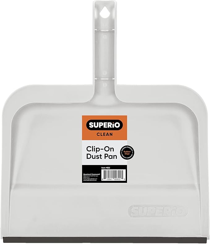 Superio Clip-On Dustpan with Rubber Lip - 10-inch Wide Durable Plastic Dust Pan with Comfort Grip Handle, White, 1-Pack