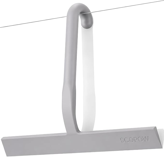 10 Inch Silicone Shower Squeegee for Glass Doors, Streak-Free, Grey | No-Squeak Silicone Blade, Ergonomic Round Grip and Built-In Hook for Quick Daily Cleaning of Shower Glass, Tile and Windows