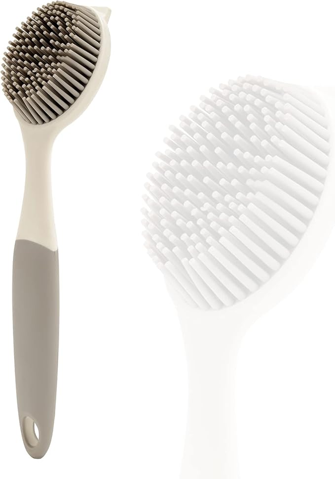 Dish Scrubber, Silicone Soft Bristles Scrub Brush with Scraper Tip, Comfortable Grip Brushes for Kitchen Sink, Pans, Pots, Skillet, Vegetable, Fruit, Potato Cleaning (White/Grey)