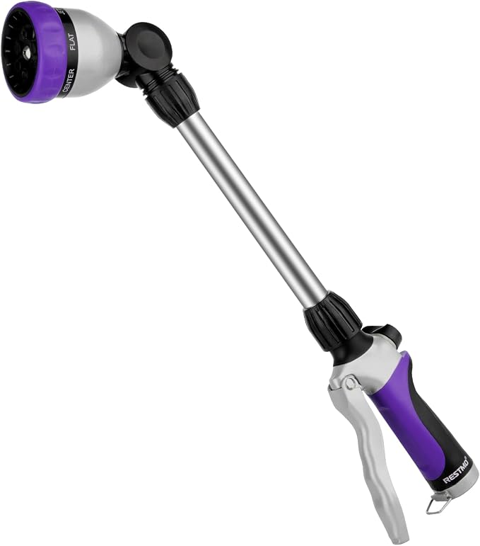 RESTMO Heavy Duty Metal Hose Wand, Watering Wand for Garden Hose | 180° Swivel Ratcheting Head, 16'' Hose Sprayer, 7 Spray Patterns, Flow Control, Ideal for Hanging Baskets & Shrubs, Purple