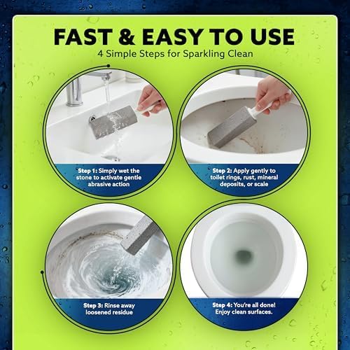 PUMIE Pumice Stone Toilet Bowl Cleaner (4-Pack) - Toilet Pumice Stone with Handle - Heavy Duty Scouring Stick for Rings, Bowls, Hard Water Stains, Lime, Rust, Sink - Includes Handle for Easy Use