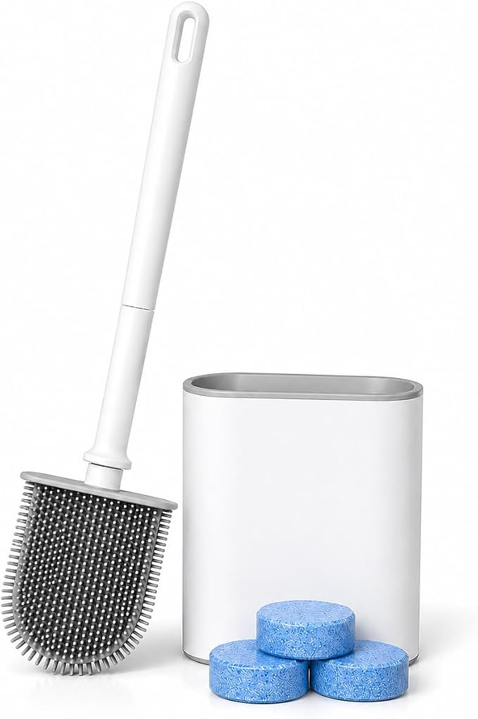 Silicone Toilet Brush and Holder Set with 3 Cleaning Tablets, Quick-Dry Base, Flexible Non-Scratch Bristles, Odor-Free Bathroom Toilet Bowl Cleaner Brush, Compact Space-Saving Design