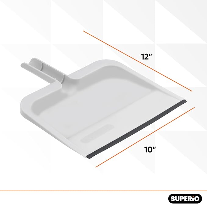 Superio Clip-On Dustpan with Rubber Lip - 10-inch Wide Durable Plastic Dust Pan with Comfort Grip Handle, White, 2-Pack