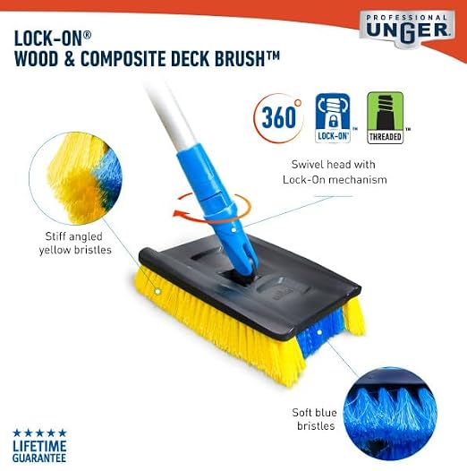Unger Professional Lock-On Wood & Composite Deck Brush, Scrub for Outdoor Decks with Durable Dual-Bristle, Swivel Deck Cleaning Brush for Home & Business