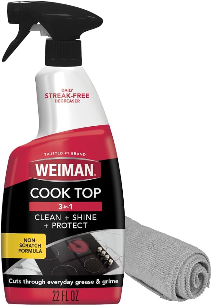 Weiman 22 Fl Oz Cooktop Cleaning Spray & Microfiber Cloth – Cooktop & Oven Cleaner for Streak & Residue Free - Non-Abrasive Degreaser Safe for Glass & Ceramic