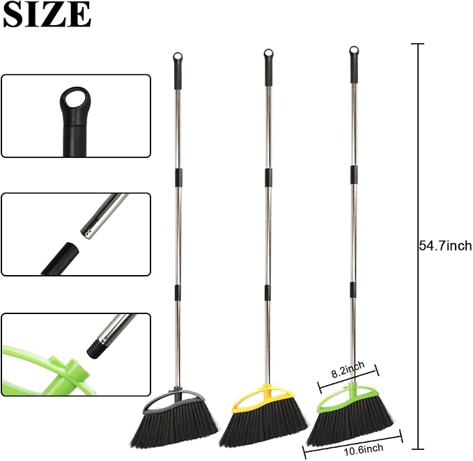 3-Pack Soft Bristle Broom Set, 38-53.5" Adjustable Handle for Indoor Floors