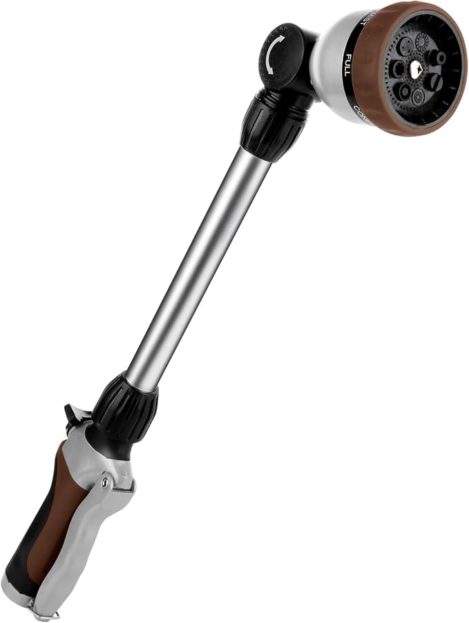 RESTMO Heavy Duty Metal Hose Wand, Watering Wand for Garden Hose | 180° Swivel Ratcheting Head, 16'' Hose Sprayer, 7 Spray Patterns, Flow Control, Ideal for Hanging Baskets & Shrubs, Brown