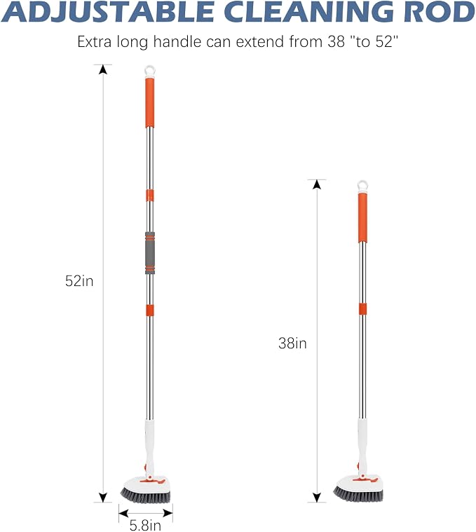 SetSail Floor Scrub Brush, Tile Tub Floor Scrubber, Orange | with 52-inch Adjustable Handle Multi-Angle Cleaning Locks at 45°, 90°, 180° for Bathroom Kitchen Walls Tub Tile
