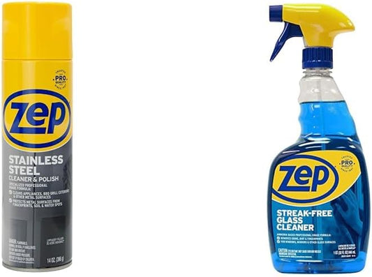 Zep Stainless Steel Cleaner and Polish 14 Ounces - ZUSSTL14 - Protects Metal Surfaces from Fingerprints, Soil and Waterspots & Streak-Free Glass Cleaner 32 oz ZU112032, Blue