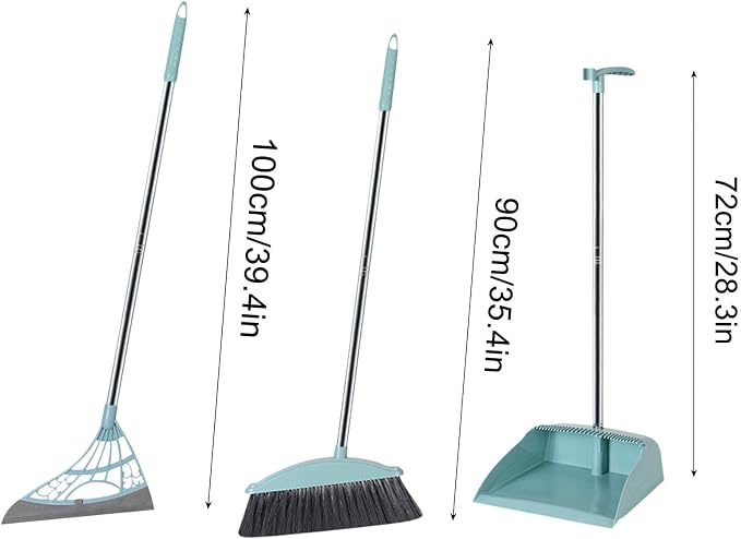 Long Handle Broom and Dustpan Set with 39.5" Squeegee Broom, Upright Standing Lobby Broom and Dust Pan and Rubber Broom, Indoor Broom with Dustpan Set for Home Kitchen Room Office Floor
