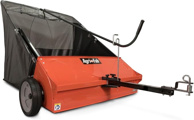 Agri-Fab 44 In Tow-Behind Lawn Sweeper with 28 Cu Ft Flow-Through Hopper Bag, Adjustable Brush Height, and Dump From Seat Handle