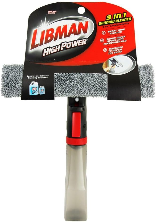 Libman 3-in-1 Window Squeegee Spray Tool – Spray Bottle with Microfiber Scrubber and Rubber Blade – All-in-One Glass Cleaner – Streak-Free Shine – Machine-Washable – Easy Storage & Use