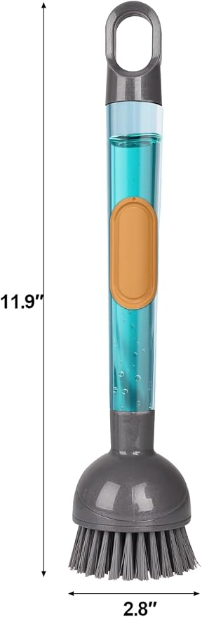 Soap Dispensing Dish Brush with Handle, 360° Rotating Head, 5-Piece Kitchen Cleaning Set (2 Brush Heads & 3 Sponges), Non-Scratch Scrubber for Pot, Pan, Sink, Leak-Proof Dishwand, Grey