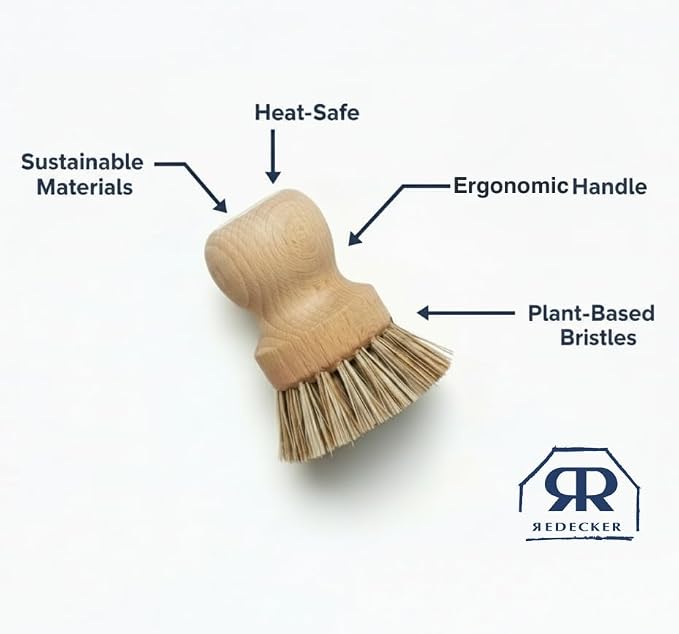 Redecker Pot Brush, Union Fiber, Single Heavy Duty Scrub Brush for Pots, Cast Iron & Baked-On Residue, Beechwood, 2.6-Inch Round, Made in Germany