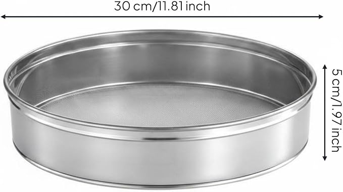 Flour Sieve Stainless Steel Mesh Sifter Round Strainer Colander Fine Filtering Achieves Smooth Mixtures Suitable for cake making pastry prep icing sugar everyday, 30cm