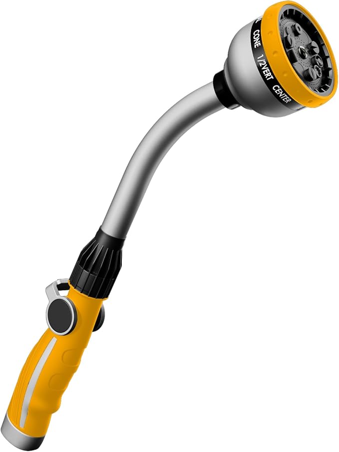 RESTMO Watering Wand Heavy Duty, 15-Inch Long Hose Nozzle Sprayer | 10 Spray Patterns & Thumb Flow Control, Metal Garden Hose Wand for Water Hanging Baskets and Shrubs, Yellow