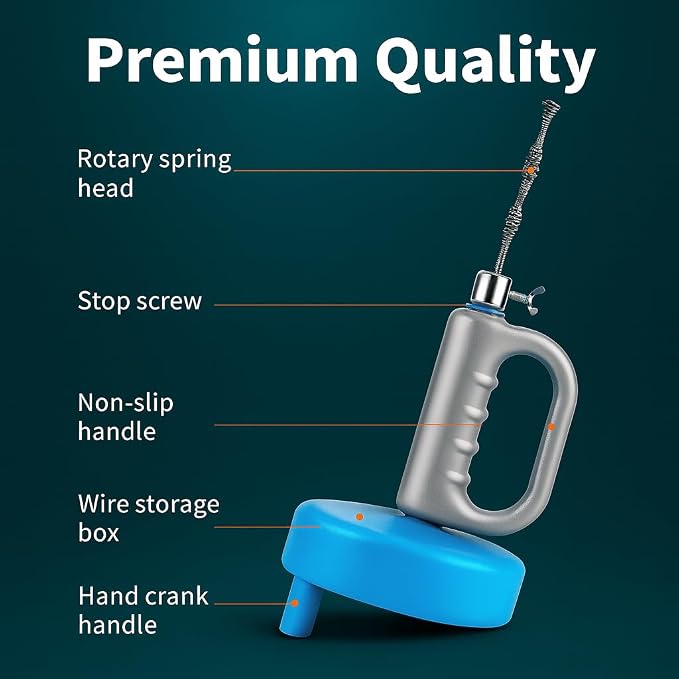 50 FT Drain Snake Hair Drain Clog Remover, Manual Or Powered, Plumbing Snake With Drill Adapte,Unclog Sink Drain Tool, Drain Auger for Toilet、Shower、Kitchen、Sink, No Auto Retract Or Feed, Blue