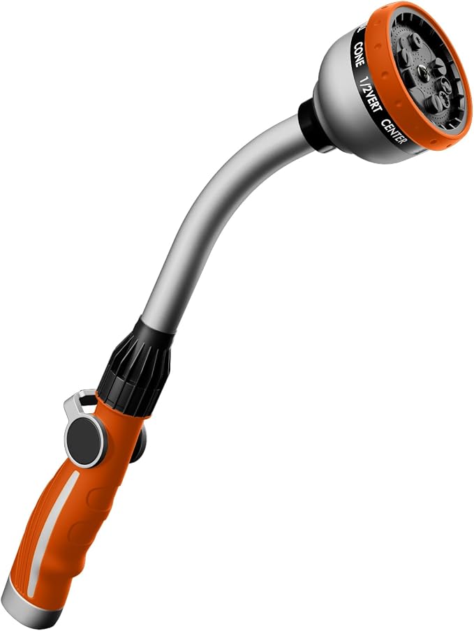 RESTMO Watering Wand Heavy Duty, 15-Inch Long Hose Nozzle Sprayer | 10 Spray Patterns & Thumb Flow Control, Metal Garden Hose Wand for Water Hanging Baskets and Shrubs, Orange