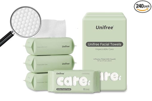 Unifree Facial Towel l Disposable Dry Wipes l 4 -pack Value Pack, 240 Count Towel,Absorbent,Reusable, Soft, Comfort Skincare