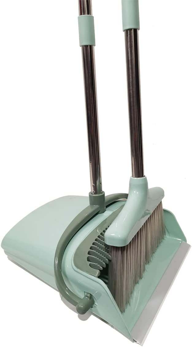 Extendable Long Handle Broom and Dustpan Set, Stainless Lightweight Upright Standing Broom and Dustpan Combo for Kitchen Lobby Office Living Room Household Indoor or Outside (Nordic Green)
