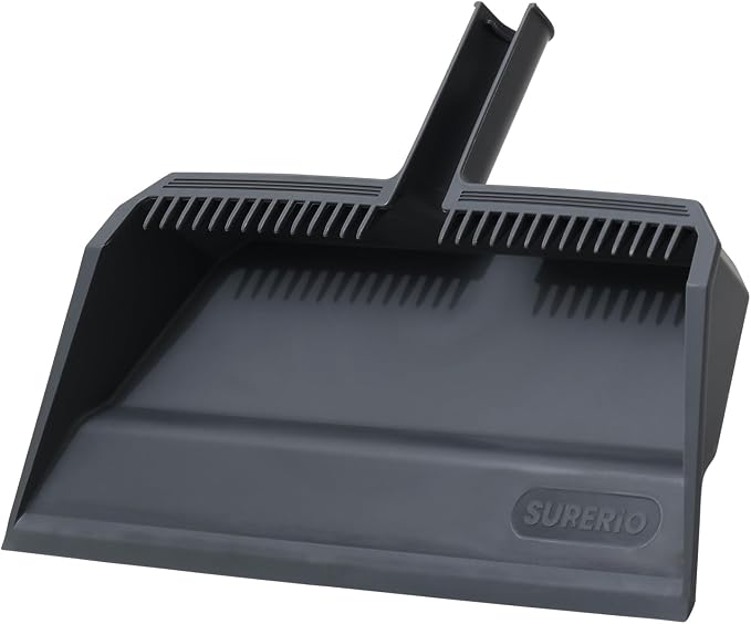 Superio Wide Plastic Dustpan with Comb - 16" Wide, Rubber Lip, Broom Handle Clip, Grey