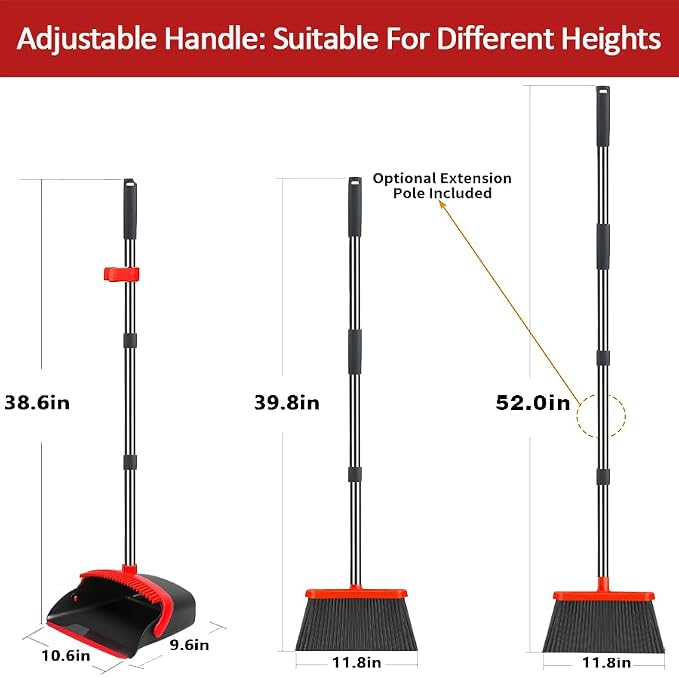 2-Pack is More economical,Brooms with Dustpan Combo Set， with 52" Long Handle, Dustpan Teeth with self-Cleaning Function, Indoor and Outdoor Sweeping, Perfect for Home Office (Large/Red /2-Pack)