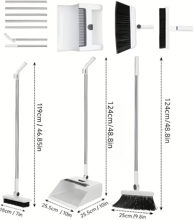 3-in-1 Upright Broom and Dustpan Combo with Long Handle | Comb Teeth Dustpan, Garbage Bag Holder, Indoor & Outdoor Use, Kitchen & Patio, Floor Sweeping Set