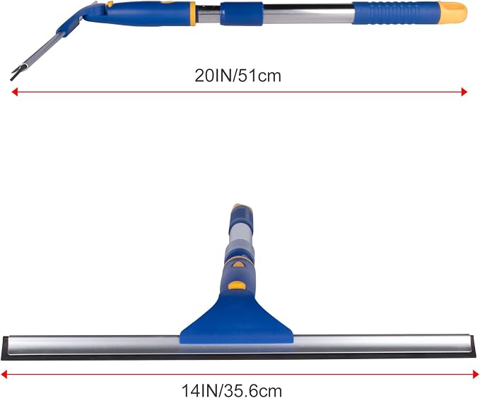 14" Window Cleaning Tool, All-Purpose Extendable Window Squeegee with 2 Blades and Stainless Steel Pole, Shower Squeegee for Glass Doors,Shower Doors, Windows, Bathroom and Car Windshields