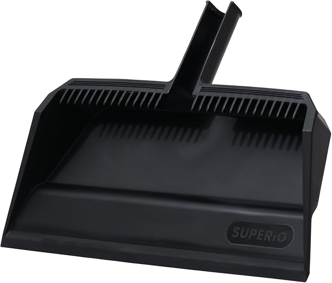 Superio Wide Plastic Dustpan with Comb - 16" Wide, Rubber Lip, Broom Handle Clip, Black