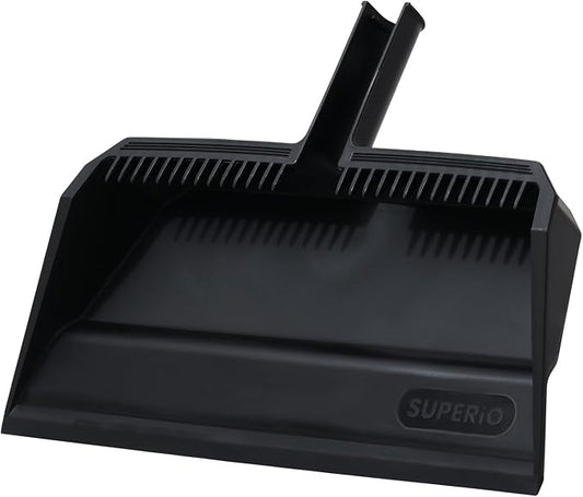 Superio Wide Plastic Dustpan with Comb - 16" Wide, Rubber Lip, Broom Handle Clip, Black