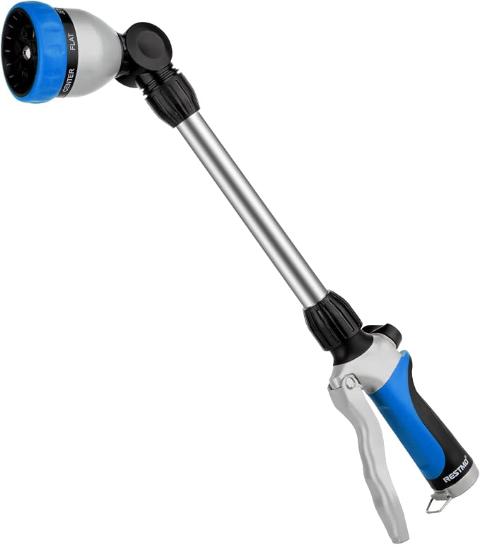 RESTMO Heavy Duty Metal Hose Wand, Watering Wand for Garden Hose | 180° Swivel Ratcheting Head, 16'' Hose Sprayer, 7 Spray Patterns, Flow Control, Ideal for Hanging Baskets & Shrubs, Blue