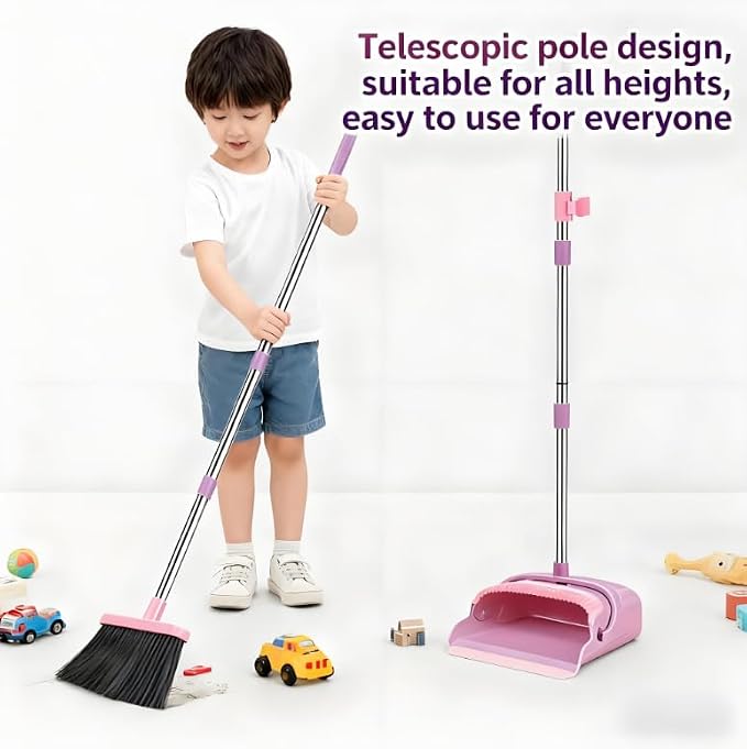 Upright Broom and Dustpan Set - Long Handle for No-Bending Comfort, 3 Rows Dense Bristles for Deep Sweeping, Suitable for Home, Office, Kitchen, Lobby, Shop, Indoor & Outdoor Spaces, Pink & Purple