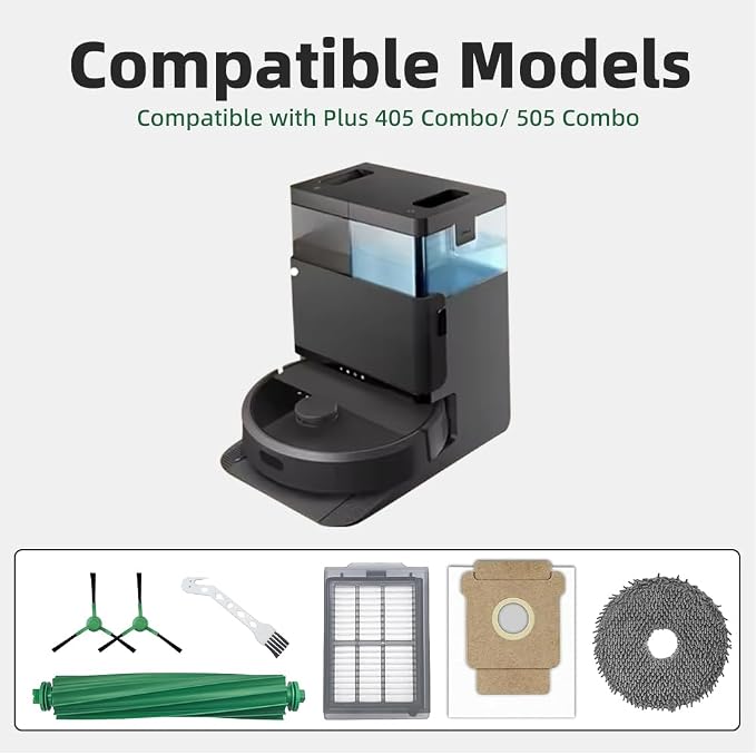 Accessories Kit for iRobot Roomba 505X Combo/Plus 405 Combo/505 Combo Robot Vacuum Cleaner, Replacement Parts Include 2 Main Brushes,6 Side Brushes,6 Dust Bags,6 Mop Pads, 4 Filters,1 Cleaning Tool