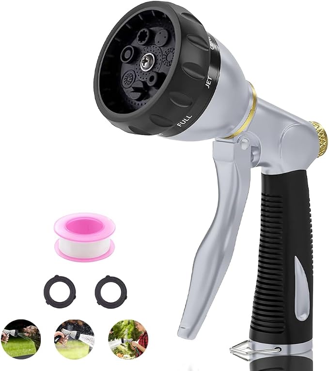 Metal Garden Hose Nozzle Heavy Duty, High Pressure with 8 Patterns | Water Hose Sprayer Nozzle, Non-Slip Grip Hose Sprayer Outdoor for Watering Plants & Lawns, Washing Cars & Pets