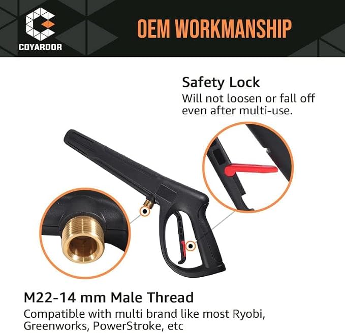 Pressure Washer Gun with Extension Wand M22-14 & M22-15 Fitting | 5 Spray Nozzle Tips Replacement for Ryobi, Karcher, Powerstroke, Greenworks, and More Electric Power Washer