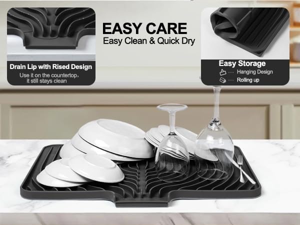 Dish Drying Mat for Kitchen Counter, with Built-in Drain Lip, Food-Grade Silicone, Easy Clean Pad for Countertop Protection, Multi-Functional Use (18x11.8, Black)