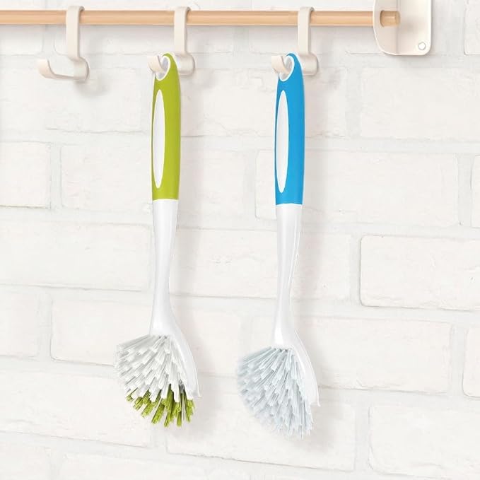 Dish Brush with Handle, Firm & Stiff Bristles Dish Scrubber for Pots, Pans & Sink Cleaning, 2 Pack
