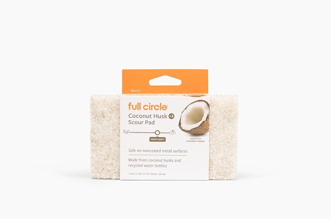Full Circle Heavy Duty Scour Pads, Pack of 3 – Plant-Based Coconut Shell Scrubbers Made with Recycled Materials, Safe for Nonstick Cookware