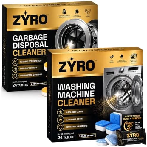 Zyro Washing Machine Cleaner & Garbage Disposal Cleaner Bundle | Includes 24 Pack Washing Machine Cleaner Tablets and 24 Pack Garbage Disposal Cleaner Tablets | Deep Cleaning & Odor Eliminating Tablet