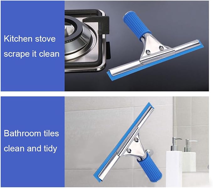 Professional 10” Performance Grip Window & Glass Cleaning Squeegee - Cleaning Supplies, Squeegee for, Auto Home Kitchen Bathroom Shower Mirror Wiper with Blue Rubber Water Blade(10in/25cm, Blue)