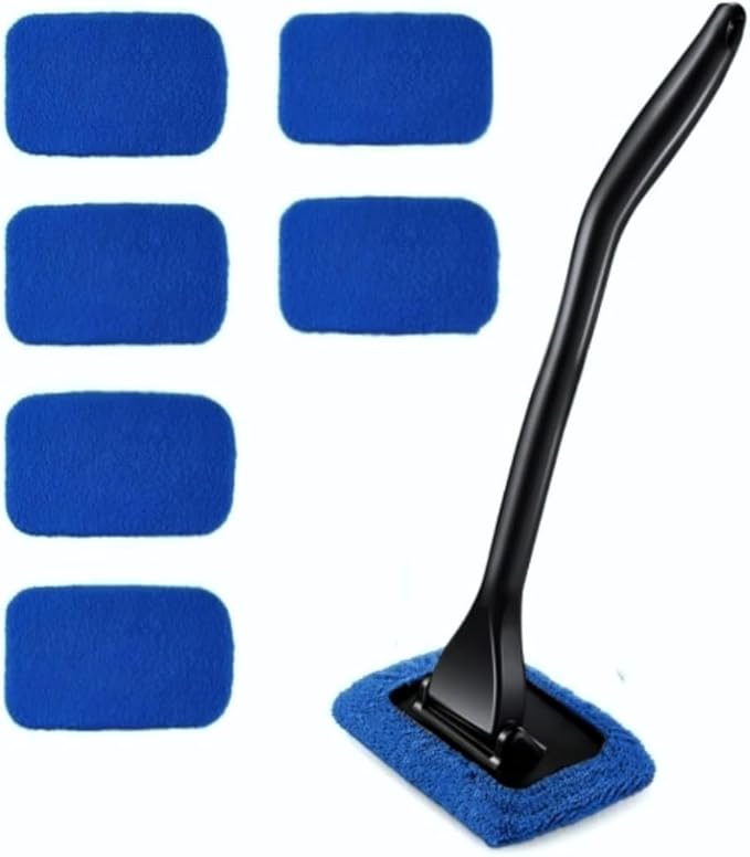 6PCS Windshield Cleaning Tool Car Window Cleaner with 5 Reusable and Washable Microfiber Pads and Extendable Handle Auto Inside Glass Wiper Kit Green (Blue)