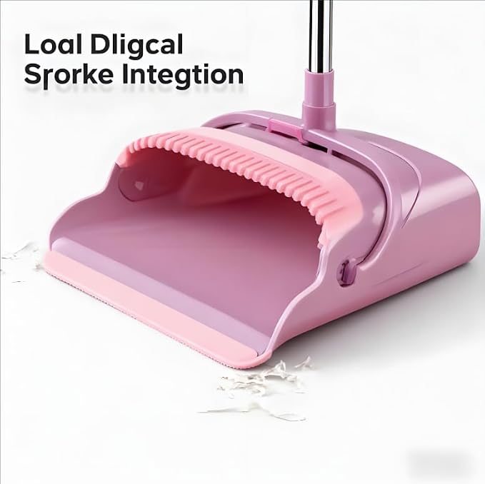 Upright Broom and Dustpan Set - Long Handle for No-Bending Comfort, 3 Rows Dense Bristles for Deep Sweeping, Suitable for Home, Office, Kitchen, Lobby, Shop, Indoor & Outdoor Spaces, Pink & Purple