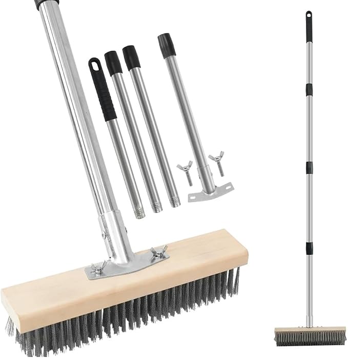 Heavy Duty Floor Scrubber,Deck Brush with Long Handle,56L''×12W Stainless Steel Wire Scrub Brush, Stiff Metal Bristle Scrubber Broom for Deck, Concrete, Patio Floor Cleaning Moss Removal