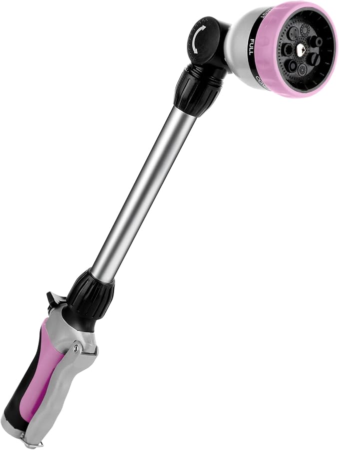 RESTMO Heavy Duty Metal Hose Wand, Watering Wand for Garden Hose | 180° Swivel Ratcheting Head, 16'' Hose Sprayer, 7 Spray Patterns, Flow Control, Ideal for Hanging Baskets & Shrubs, Pink