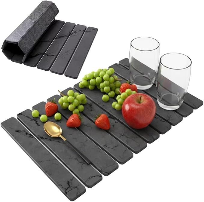 Stone Dish Drying Mat for Kitchen Counter Large Quick Dry Diatomaceous Earth Stone Drying Mat Foldable Water Absorbent Dish Drying Mat for Dishes Cups Bottles Kitchen Sink Countertop (Grey Marble)