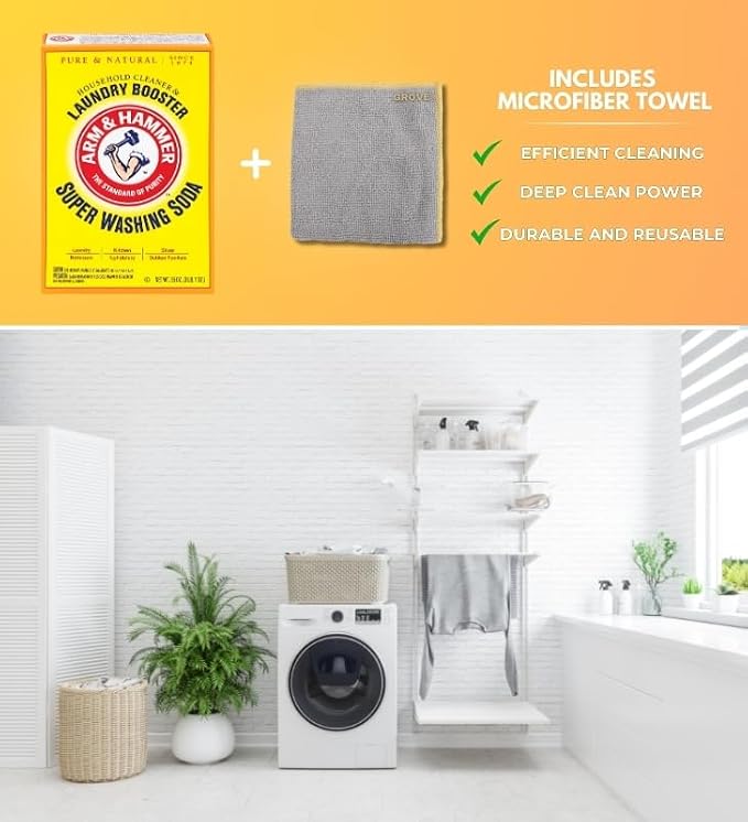 Detergent Booster and Household Cleaner Powder 55 oz Bundle with Microfiber Cloth - Enhances Laundry Detergent Power - Cleans Bathtubs, Microwaves, and More - (2 Items)