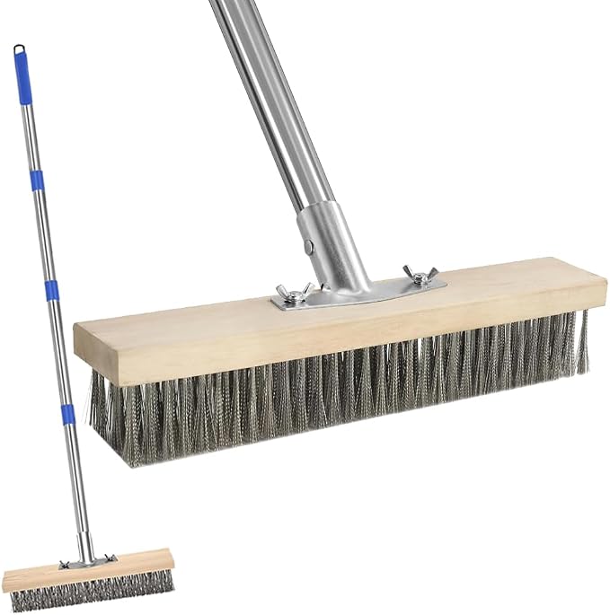Heavy Duty Wire Brush,Deck Brush,Stainless Steel Floor Scrub Brush with Long Handle, 67" Heavy Duty Outdoor Push Broom, Moss Remover, Scratch Brush for Scrubbing Concrete, Patio, Garden, Garage